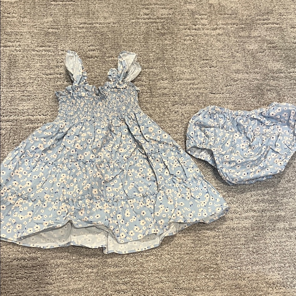 Quince Light Blue Floral Kids Dress and Bloomers
